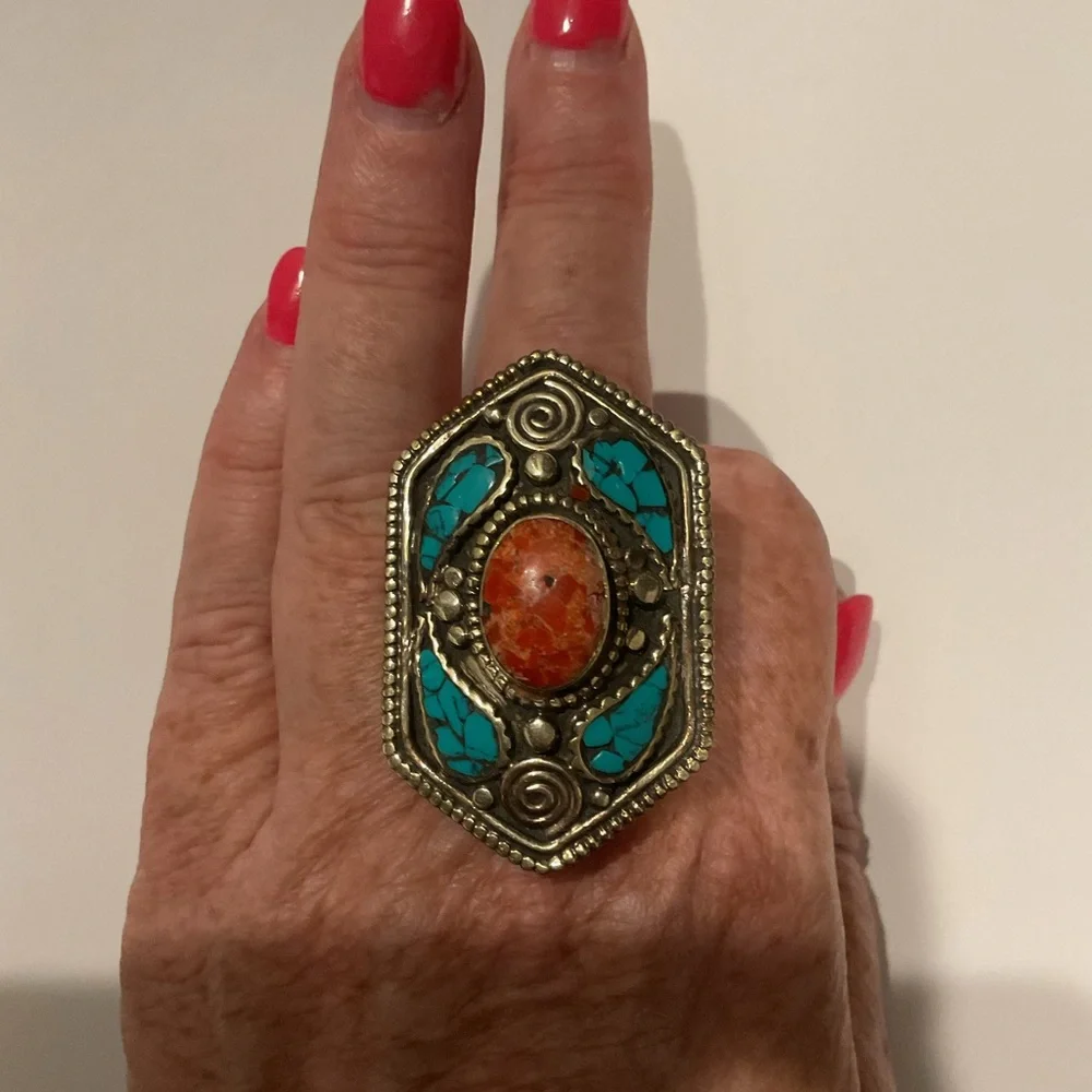 Vintage Mens Sterling Silver Large Southwestern Turquoise Ring Jewelry Y2K Heavy